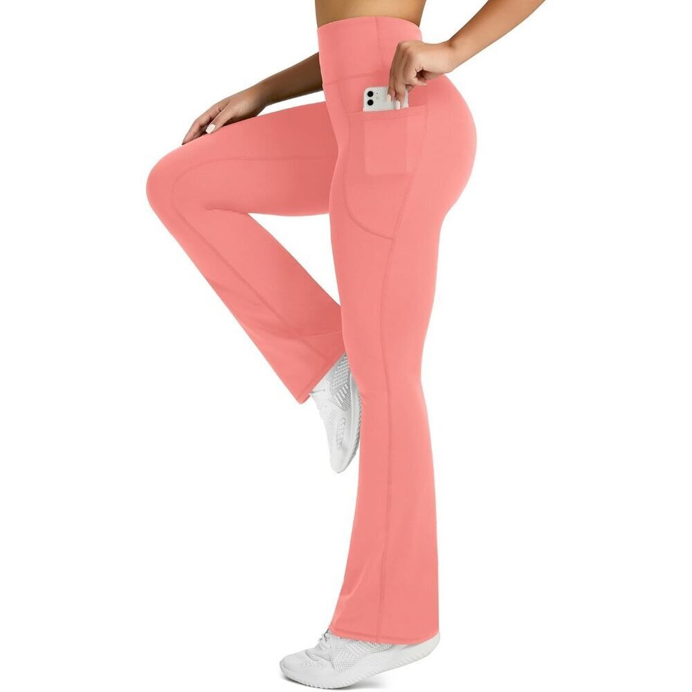 Women's Pink Polyester Blend Flared High Waisted Bell Bottom Yoga Dress Pants - Picture 2 of 6